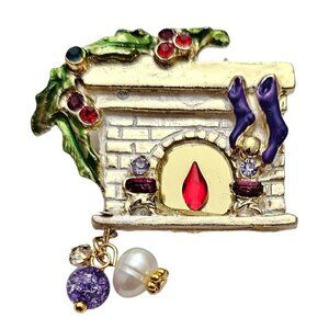Gold Tone Fireplace Brooch Purple Stocking Holly Pin